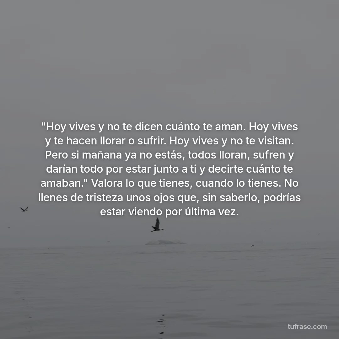 "Hoy vives y no te dicen cuánto te aman. Hoy vives y te hacen llorar o sufrir. Hoy vives y no te visitan. Pero si mañana ya no estás, todos lloran, sufren y darían todo por estar junto a ti y decirte cuánto te amaban." Valora lo que tienes, cuando lo tienes. No llenes de tristeza unos ojos que, sin saberlo, podrías estar viendo por última vez.