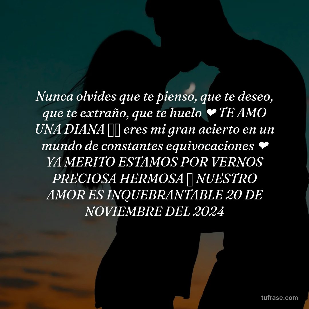 Nunca olvides que te pienso, que te deseo, que te extraño, que te huelo ❤️ TE AMO UNA DIANA ✨⭐ eres mi gran acierto en un mundo de constantes equivocaciones ❤️ YA MERITO ESTAMOS POR VERNOS PRECIOSA HERMOSA 🤗 NUESTRO AMOR ES INQUEBRANTABLE 20 DE NOVIEMBRE DEL 2024