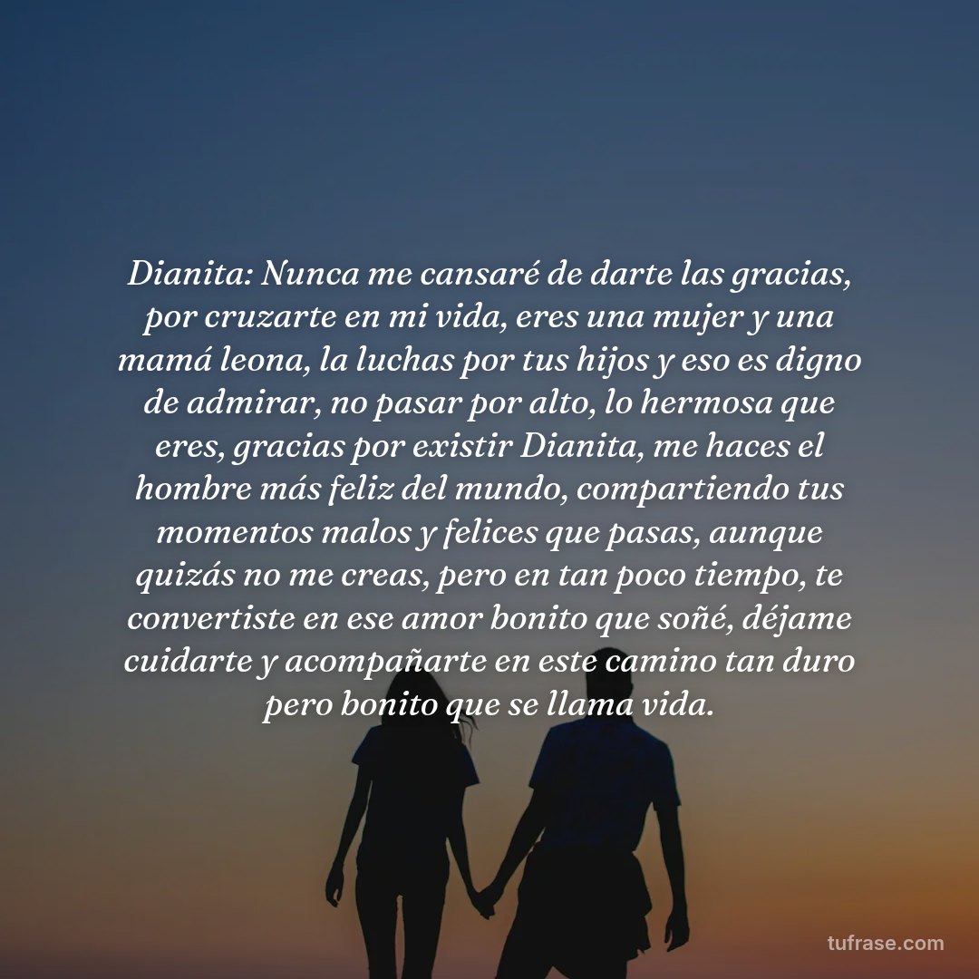 Dianita: Nunca me cansaré de darte las gracias, por cruzarte en mi vida, eres una mujer y una mamá leona, la luchas por tus hijos y eso es digno de admirar, no pasar por alto, lo hermosa que eres, gracias por existir Dianita, me haces el hombre más feliz del mundo, compartiendo tus momentos malos y felices que pasas, aunque quizás no me creas, pero en tan poco tiempo, te convertiste en ese amor bonito que soñé, déjame cuidarte y acompañarte en este camino tan duro pero bonito que se llama vida.