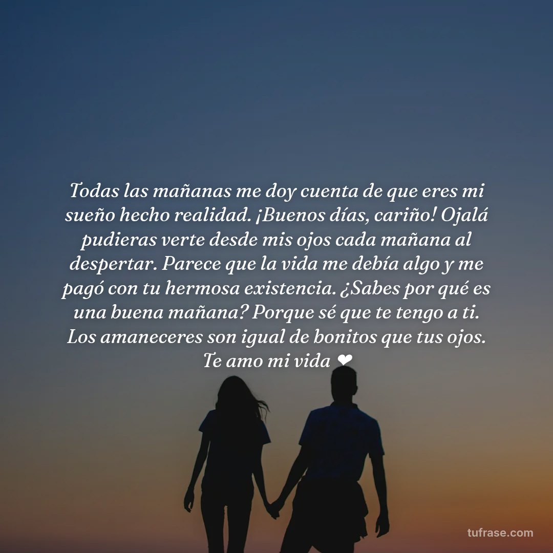 Todas las mañanas me doy cuenta de que eres mi sueño hecho realidad. ¡Buenos días, cariño! Ojalá pudieras verte desde mis ojos cada mañana al despertar. Parece que la vida me debía algo y me pagó con tu hermosa existencia. ¿Sabes por qué es una buena mañana? Porque sé que te tengo a ti. Los amaneceres son igual de bonitos que tus ojos. Te amo mi vida ❤️