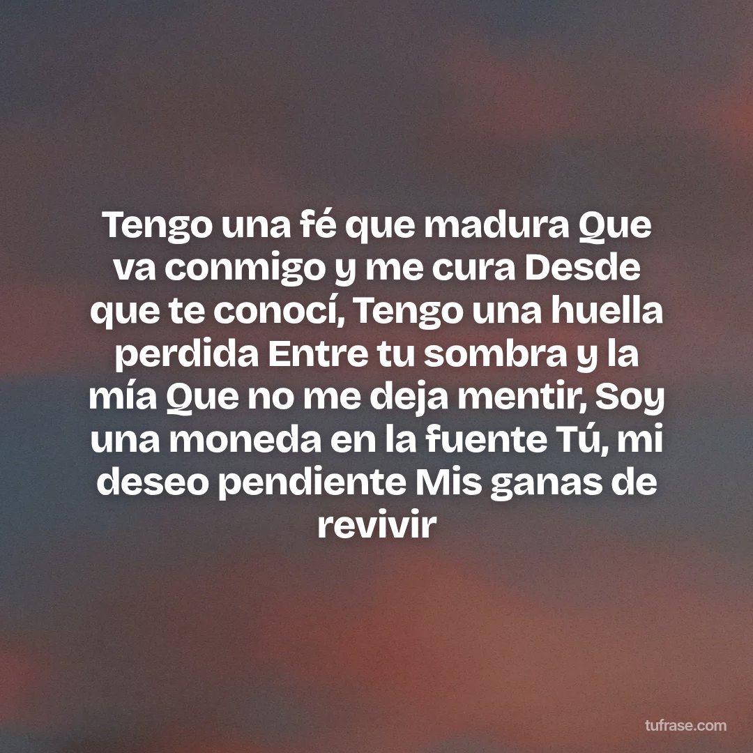 Tengo una fé que madura Que va conmigo y me cura Desde que te conocí, Tengo una huella perdida Entre tu sombra y la mía Que no me deja mentir, Soy una moneda en la fuente Tú, mi deseo pendiente Mis ganas de revivir