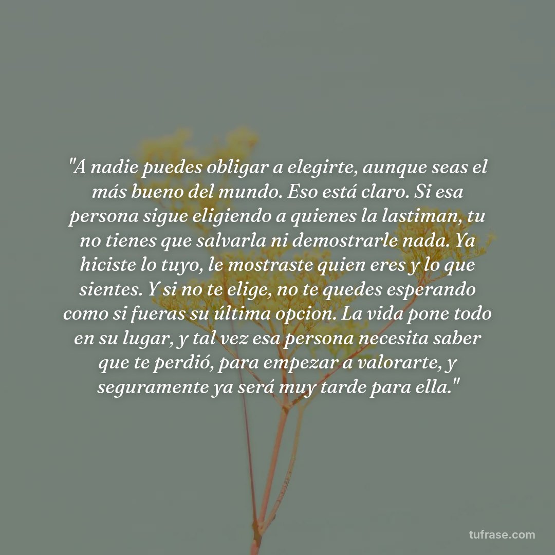 "A nadie puedes obligar a elegirte, aunque seas el más bueno del mundo. Eso está claro. Si esa persona sigue eligiendo a quienes la lastiman, tu no tienes que salvarla ni demostrarle nada. Ya hiciste lo tuyo, le mostraste quien eres y lo que sientes. Y si no te elige, no te quedes esperando como si fueras su última opcion. La vida pone todo en su lugar, y tal vez esa persona necesita saber que te perdió, para empezar a valorarte, y seguramente ya será muy tarde para ella."