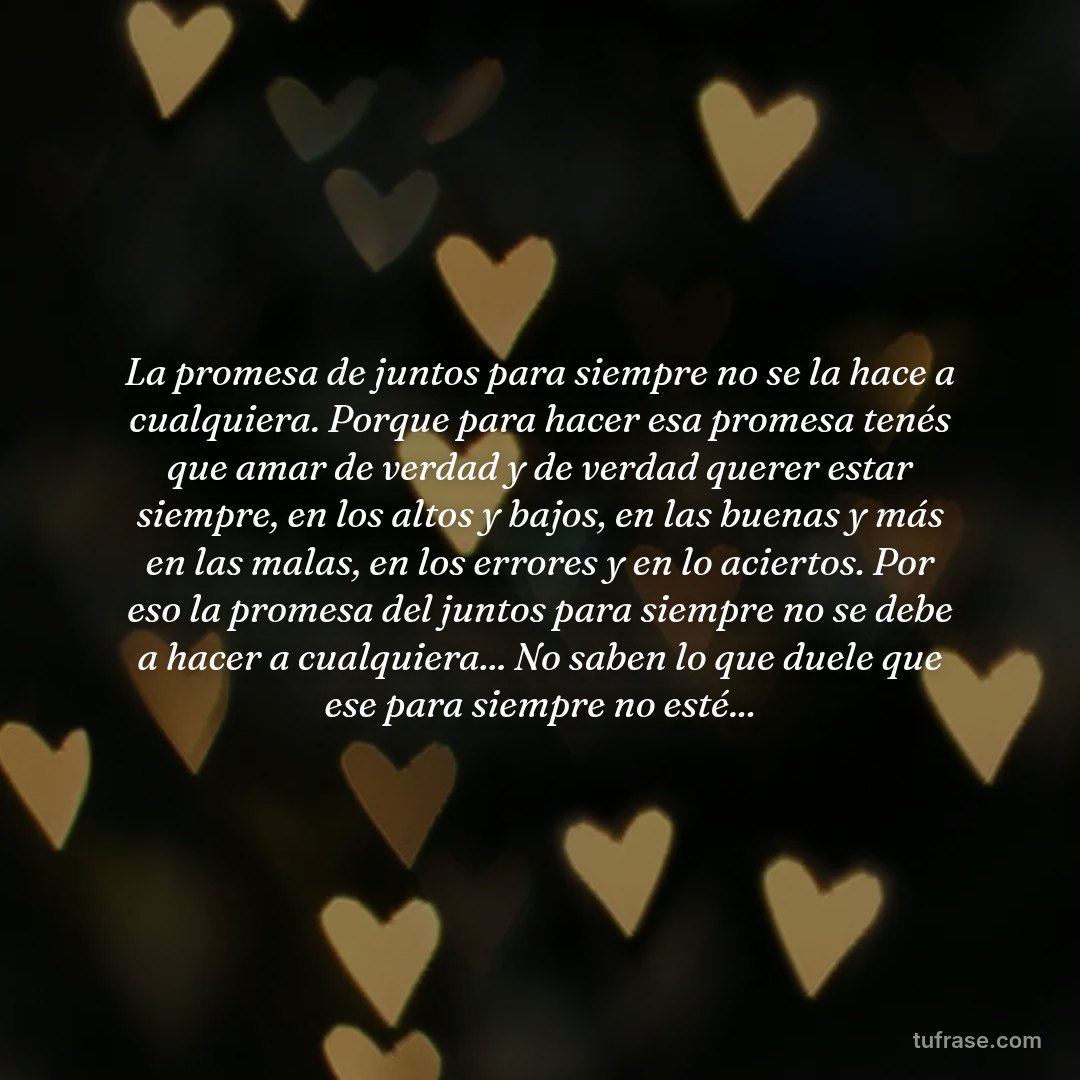 La promesa de juntos para siempre no se la hace a cualquiera. Porque para hacer esa promesa tenés que amar de verdad y de verdad querer estar siempre, en los altos y bajos, en las buenas y más en las malas, en los errores y en lo aciertos. Por eso la promesa del juntos para siempre no se debe a hacer a cualquiera... No saben lo que duele que ese para siempre no esté...