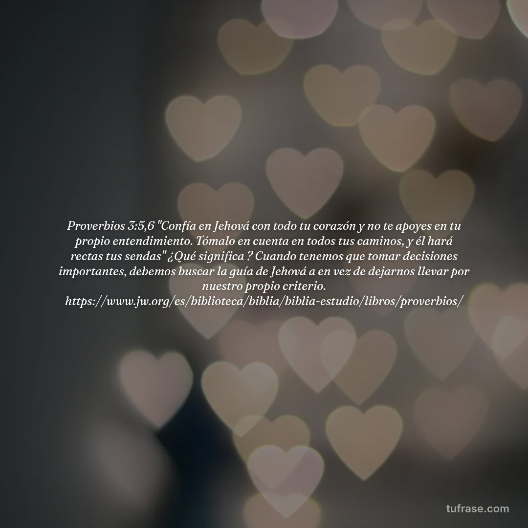 Proverbios 3:5,6 "Confía en Jehová con todo tu corazón y no te apoyes en tu propio entendimiento. Tómalo en cuenta en todos tus caminos, y él hará rectas tus sendas" ¿Qué significa ? Cuando tenemos que tomar decisiones importantes, debemos buscar la guía de Jehová a en vez de dejarnos llevar por nuestro propio criterio. https://www.jw.org/es/biblioteca/biblia/biblia-estudio/libros/proverbios/