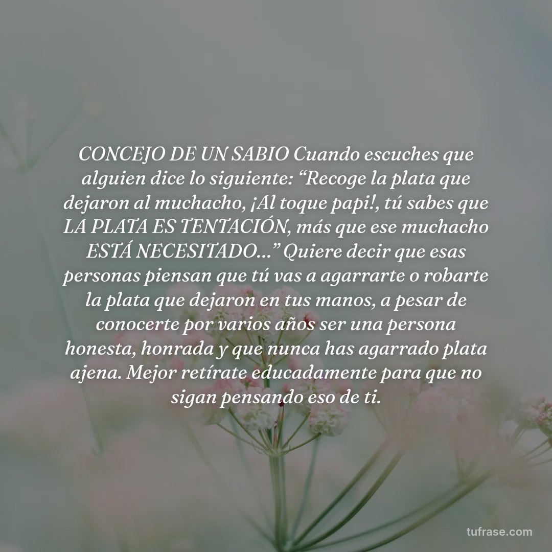 CONCEJO DE UN SABIO Cuando escuches que alguien dice lo siguiente: “Recoge la plata que dejaron al muchacho, ¡Al toque papi!, tú sabes que LA PLATA ES TENTACIÓN, más que ese muchacho ESTÁ NECESITADO…” Quiere decir que esas personas piensan que tú vas a agarrarte o robarte la plata que dejaron en tus manos, a pesar de conocerte por varios años ser una persona honesta, honrada y que nunca has agarrado plata ajena. Mejor retírate educadamente para que no sigan pensando eso de ti.