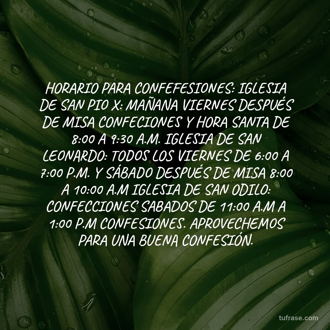 HORARIO PARA CONFEFESIONES: IGLESIA DE SAN PIO X: MAÑANA VIERNES DESPUÉS DE MISA CONFECIONES Y HORA SANTA DE 8:00 A 9:30 A.M. IGLESIA DE SAN LEONARDO: TODOS LOS VIERNES DE 6:00 A 7:00 P.M. Y SÁBADO DESPUÉS DE MISA 8:00 A 10:00 A.M IGLESIA DE SAN ODILO: CONFECCIONES SABADOS DE 11:00 A.M A 1:00 P.M CONFESIONES. APROVECHEMOS PARA UNA BUENA CONFESIÓN.