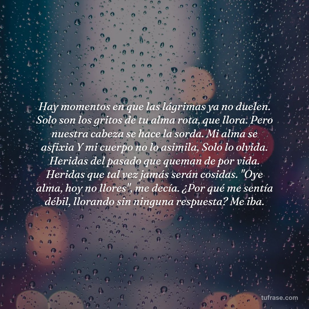Hay momentos en que las lágrimas ya no duelen. Solo son los gritos de tu alma rota, que llora. Pero nuestra cabeza se hace la sorda. Mi alma se asfixia Y mi cuerpo no lo asimila, Solo lo olvida. Heridas del pasado que queman de por vida. Heridas que tal vez jamás serán cosidas. "Oye alma, hoy no llores", me decía. ¿Por qué me sentía débil, llorando sin ninguna respuesta? Me iba.