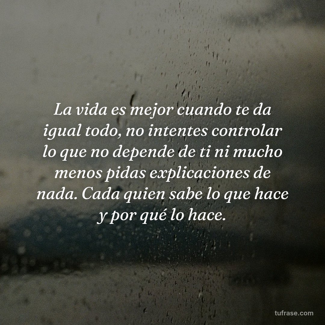 La vida es mejor cuando te da igual todo, no intentes controlar lo que no depende de ti ni mucho menos pidas explicaciones de nada. Cada quien sabe lo que hace y por qué lo hace.