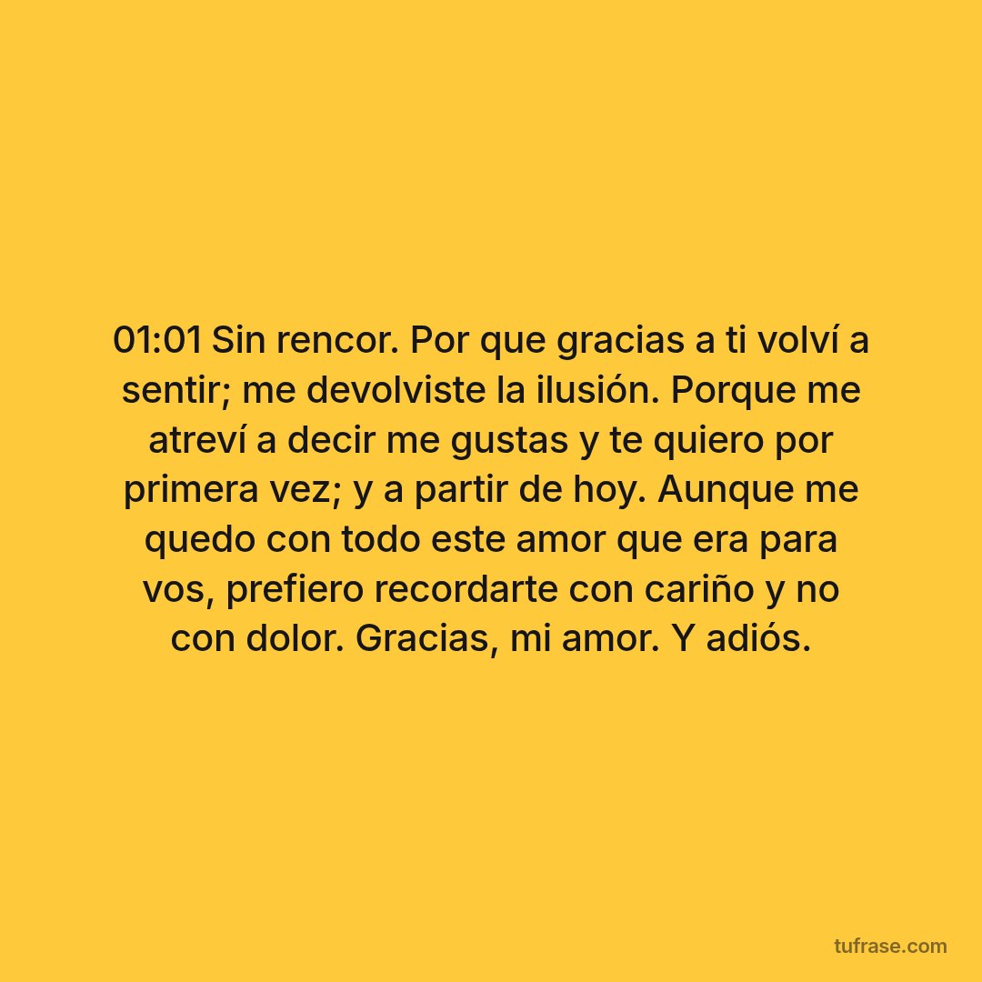 01:01 Sin rencor. Por que gracias a ti volví a sentir; me devolviste la ilusión. Porque me atreví a decir me gustas y te quiero por primera vez; y a partir de hoy. Aunque me quedo con todo este amor que era para vos, prefiero recordarte con cariño y no con dolor. Gracias, mi amor. Y adiós.