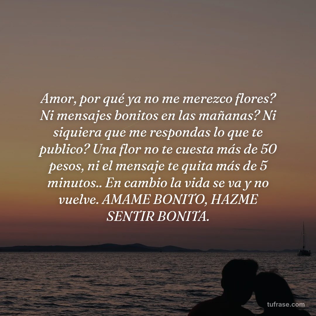 Amor, por qué ya no me merezco flores? Ni mensajes bonitos en las mañanas? Ni siquiera que me respondas lo que te publico? Una flor no te cuesta más de 50 pesos, ni el mensaje te quita más de 5 minutos.. En cambio la vida se va y no vuelve. AMAME BONITO, HAZME SENTIR BONITA.
