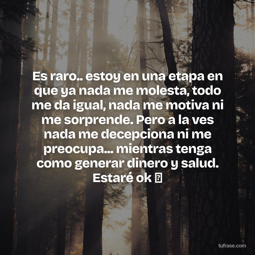 Es raro.. estoy en una etapa en que ya nada me molesta, todo me da igual, nada me motiva ni me sorprende. Pero a la ves nada me decepciona ni me preocupa... mientras tenga como generar dinero y salud. Estaré ok 👍