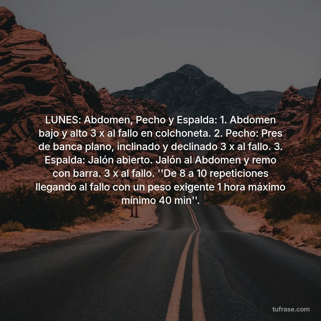LUNES: Abdomen, Pecho y Espalda: 1. Abdomen bajo y alto 3 x al fallo en colchoneta. 2. Pecho: Pres de banca plano, inclinado y declinado 3 x al fallo. 3. Espalda: Jalón abierto. Jalón al Abdomen y remo con barra. 3 x al fallo. ''De 8 a 10 repeticiones llegando al fallo con un peso exigente 1 hora máximo mínimo 40 min''.
