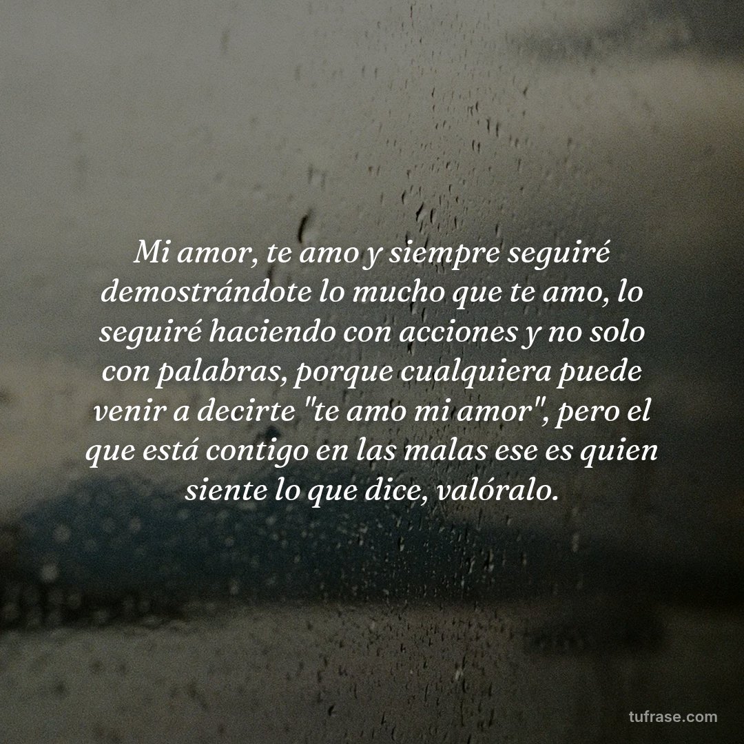 Mi amor, te amo y siempre seguiré demostrándote lo mucho que te amo, lo seguiré haciendo con acciones y no solo con palabras, porque cualquiera puede venir a decirte "te amo mi amor", pero el que está contigo en las malas ese es quien siente lo que dice, valóralo.