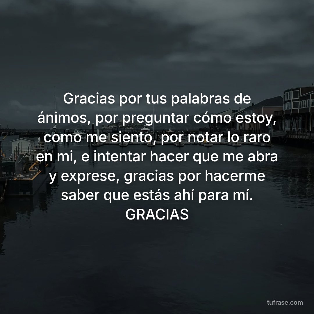 Gracias por tus palabras de ánimos, por preguntar cómo estoy, como me siento, por notar lo raro en mi, e intentar hacer que me abra y exprese, gracias por hacerme saber que estás ahí para mí. GRACIAS