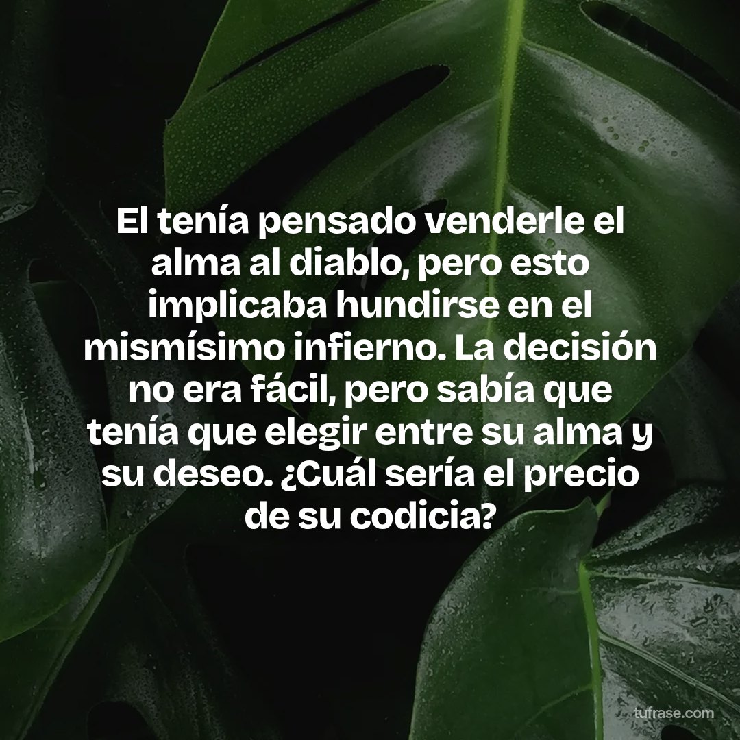 El tenía pensado venderle el alma al diablo, pero esto implicaba hundirse en el mismísimo infierno. La decisión no era fácil, pero sabía que tenía que elegir entre su alma y su deseo. ¿Cuál sería el precio de su codicia?