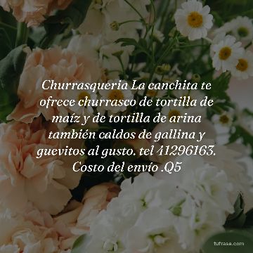 Churrasqueria La canchita te ofrece churrasco de tortilla de maíz y de tortilla de arina también caldos de gallina y guevitos al gusto. tel 41296163. Costo del envío .Q5
