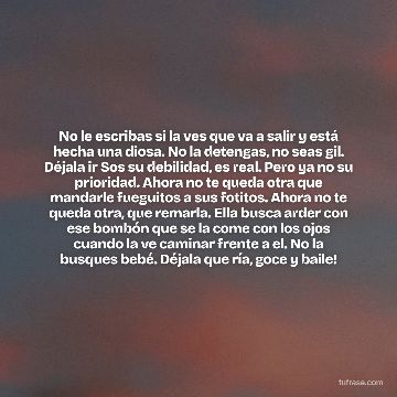 No le escribas si la ves que va a salir y está hecha una diosa. No la detengas, no seas gil. Déjala ir Sos su debilidad, es real. Pero ya no su prioridad. Ahora no te queda otra que mandarle fueguitos a sus fotitos. Ahora no te queda otra, que remarla. Ella busca arder con ese bombón que se la come con los ojos cuando la ve caminar frente a el. No la busques bebé. Déjala que ría, goce y baile!
