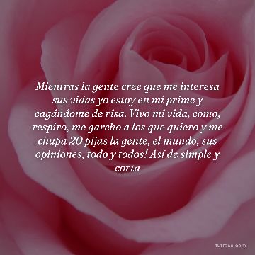 Mientras la gente cree que me interesa sus vidas yo estoy en mi prime y cagándome de risa. Vivo mi vida, como, respiro, me garcho a los que quiero y me chupa 20 pijas la gente, el mundo, sus opiniones, todo y todos! Así de simple y corta