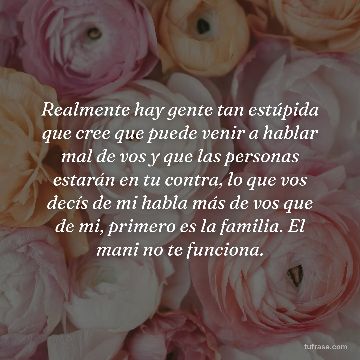 Realmente hay gente tan estúpida que cree que puede venir a hablar mal de vos y que las personas estarán en tu contra, lo que vos decís de mi habla más de vos que de mi, primero es la familia. El mani no te funciona.