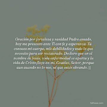 Oración por fortaleza y sanidad Padre amado, hoy me presento ante Ti con fe y esperanza. Tú conoces mi cuerpo, mis debilidades y todo lo que necesito para ser restaurado. Declaro que en el nombre de Jesús, toda enfermedad se aparta y la vida de Cristo fluye en mí. Gracias, Señor, porque aun cuando no lo veo, sé que estás obrando. 🙏