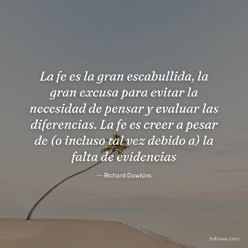 La fe es la gran escabullida, la gran excusa para evitar la necesidad de pensar y evaluar las diferencias. La fe es creer a pesar de (o incluso tal vez debido a) la falta de evidencias