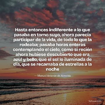 Hasta entonces indiferente a lo que pasaba en torno suyo, ahora parecía participar de la vida, de todo lo que la rodeaba; pasaba horas enteras contemplando el cielo, como si recién ahora hubiese descubierto que era azul y bello, que el sol lo iluminada de día, que se recamaba de estrellas a la noche