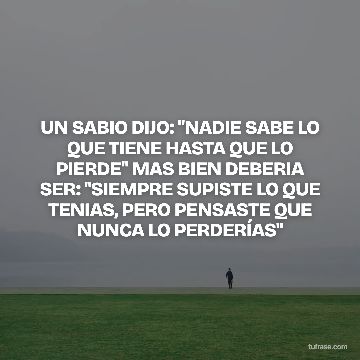UN SABIO DIJO: "NADIE SABE LO QUE TIENE HASTA QUE LO PIERDE" MAS BIEN DEBERIA SER: "SIEMPRE SUPISTE LO QUE TENIAS, PERO PENSASTE QUE NUNCA LO PERDERÍAS"