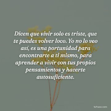 Dicen que vivir solo es triste, que te puedes volver loco. Yo no lo veo así, es una portunidad para encontrarte a ti mismo, para aprender a vivir con tus propios pensamientos y hacerte autosuficiente.