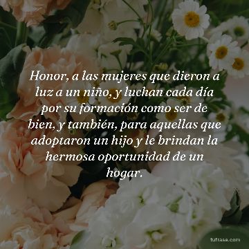 Honor, a las mujeres que dieron a luz a un niño, y luchan cada día por su formación como ser de bien, y también, para aquellas que adoptaron un hijo y le brindan la hermosa oportunidad de un hogar.