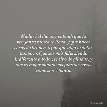Maduré el día que entendí que la venganza nunca te llena, y que hacer cosas de bronca, o por que algo te dolió, tampoco. Que sos más feliz siendo indiferente a todo ese tipo de giladas, y que es mejor cuando aceptas las cosas como son y punto.