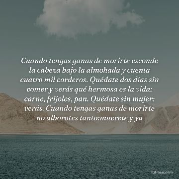 Cuando tengas ganas de morirte esconde la cabeza bajo la almohada y cuenta cuatro mil corderos. Quédate dos días sin comer y verás qué hermosa es la vida: carne, frijoles, pan. Quédate sin mujer: verás. Cuando tengas ganas de morirte no alborotes tanto:muerete y ya