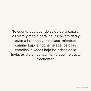Te cuento que cuando salgo de la casa a las siete y media para ir a la Universidad y estar a las ocho ya en clase, mientras camino bajo la noche helada, bajo las estrellas, a veces bajo las brisas de la lluvia, existe un pensamiento que me gusta frecuentar.