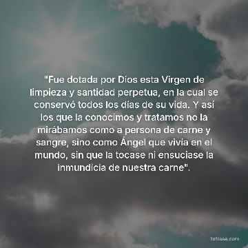 "Fue dotada por Dios esta Virgen de limpieza y santidad perpetua, en la cual se conservó todos los días de su vida. Y así los que la conocimos y tratamos no la mirábamos como a persona de carne y sangre, sino como Ángel que vivía en el mundo, sin que la tocase ni ensuciase la inmundicia de nuestra carne".
