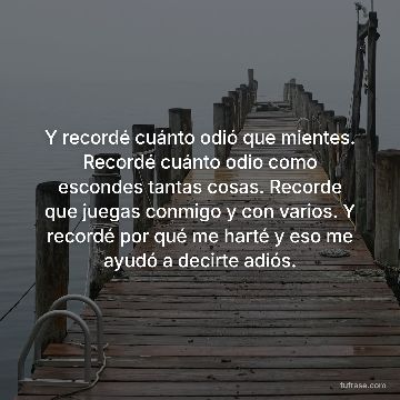 Y recordé cuánto odió que mientes. Recordé cuánto odio como escondes tantas cosas. Recorde que juegas conmigo y con varios. Y recordé por qué me harté y eso me ayudó a decirte adiós.