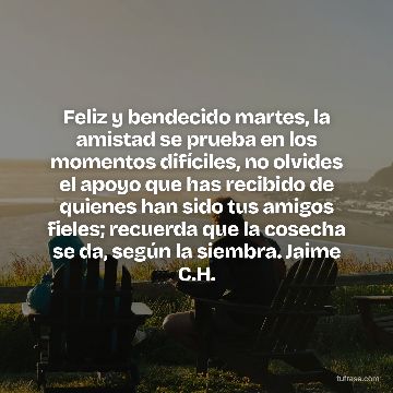 Feliz y bendecido martes, la amistad se prueba en los momentos difíciles, no olvides el apoyo que has recibido de quienes han sido tus amigos fieles; recuerda que la cosecha se da, según la siembra. Jaime C.H.