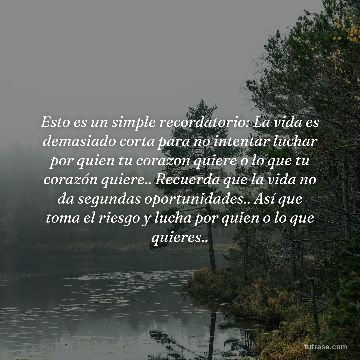 Esto es un simple recordatorio: La vida es demasiado corta para no intentar luchar por quien tu corazon quiere o lo que tu corazón quiere.. Recuerda que la vida no da segundas oportunidades.. Así que toma el riesgo y lucha por quien o lo que quieres..