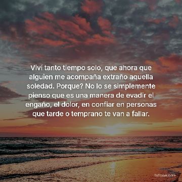 Viví tanto tiempo solo, que ahora que alguien me acompaña extraño aquella soledad. Porque? No lo se simplemente pienso que es una manera de evadir el engaño, el dolor, en confiar en personas que tarde o temprano te van a fallar.