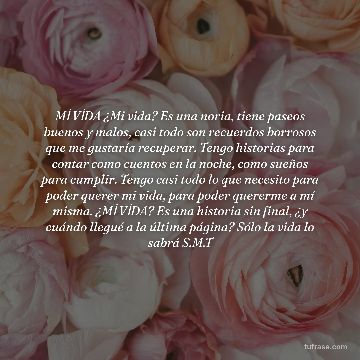 Mİ VİDA ¿Mi vida? Es una noria, tiene paseos buenos y malos, casi todo son recuerdos borrosos que me gustaría recuperar. Tengo historias para contar como cuentos en la noche, como sueños para cumplir. Tengo casi todo lo que necesito para poder querer mi vida, para poder quererme a mí misma. ¿Mİ VİDA? Es una historia sin final, ¿y cuándo llegué a la última página? Sólo la vida lo sabrá S.M.T