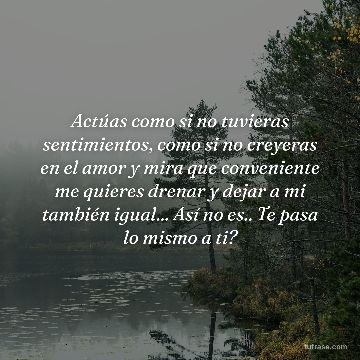 Actúas como si no tuvieras sentimientos, como si no creyeras en el amor y mira que conveniente me quieres drenar y dejar a mi también igual... Así no es.. Te pasa lo mismo a ti?