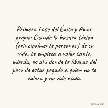 Primera Fase del Éxito y Amor propio: Cuando la basura tóxica (principalmente personas) de tu vida, te empieza a valer tanta mierda, es ahi donde te liberas del peso de estar pegado a quien no te valora y no vale nada.