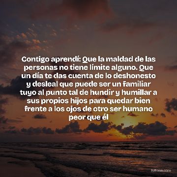 Contigo aprendí: Que la maldad de las personas no tiene límite alguno. Que un día te das cuenta de lo deshonesto y desleal que puede ser un familiar tuyo al punto tal de hundir y humillar a sus propios hijos para quedar bien frente a los ojos de otro ser humano peor que él