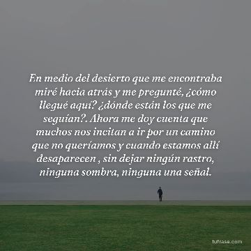 En medio del desierto que me encontraba miré hacia atrás y me pregunté, ¿cómo llegué aquí? ¿dónde están los que me seguían?. Ahora me doy cuenta que muchos nos incitan a ir por un camino que no queríamos y cuando estamos allí desaparecen , sin dejar ningún rastro, ninguna sombra, ninguna una señal.