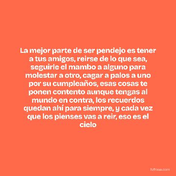 La mejor parte de ser pendejo es tener a tus amigos, reirse de lo que sea, seguirle el mambo a alguno para molestar a otro, cagar a palos a uno por su cumpleaños, esas cosas te ponen contento aunque tengas al mundo en contra, los recuerdos quedan ahí para siempre, y cada vez que los pienses vas a reir, eso es el cielo