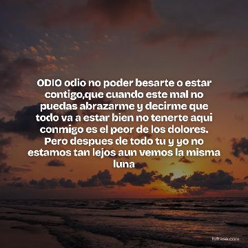 ODIO odio no poder besarte o estar contigo,que cuando este mal no puedas abrazarme y decirme que todo va a estar bien no tenerte aqui conmigo es el peor de los dolores. Pero despues de todo tu y yo no estamos tan lejos aun vemos la misma luna