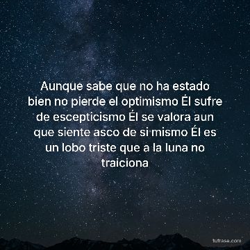 Aunque sabe que no ha estado bien no pierde el optimismo Él sufre de escepticismo Él se valora aun que siente asco de si mismo Él es un lobo triste que a la luna no traiciona
