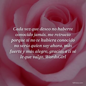 Cada vez que deseo no haberte conocido jamás, me retracto porque si no te hubiera conocido no sería quien soy ahora, más fuerte y más alegre, gracias a ti sé le que valgo. WordsGirl