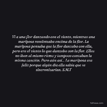 Vi a una flor danzando con el viento, mientras una mariposa revoloteaba encima de la flor. La mariposa pensaba que la flor danzaba con ella, pero era el viento la que danzaba con la flor. Ellas no iban al mismo ritmo y tampoco cantaban la misma canción. Pero aún así... La mariposa era feliz porque algún día ella sabía que se sincronizarian. S.M.T