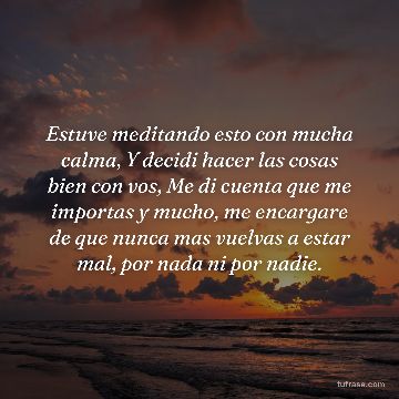 Estuve meditando esto con mucha calma, Y decidi hacer las cosas bien con vos, Me di cuenta que me importas y mucho, me encargare de que nunca mas vuelvas a estar mal, por nada ni por nadie.