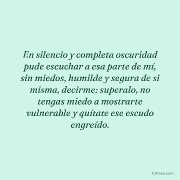 En silencio y completa oscuridad pude escuchar a esa parte de mí, sin miedos, humilde y segura de si misma, decirme: superalo, no tengas miedo a mostrarte vulnerable y quítate ese escudo engreído.