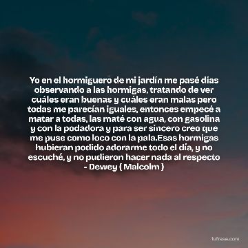 Yo en el hormiguero de mi jardín me pasé días observando a las hormigas, tratando de ver cuáles eran buenas y cuáles eran malas pero todas me parecían iguales, entonces empecé a matar a todas, las maté con agua, con gasolina y con la podadora y para ser sincero creo que me puse como loco con la pala.Esas hormigas hubieran podido adorarme todo el día, y no escuché, y no pudieron hacer nada al respecto - Dewey ( Malcolm )